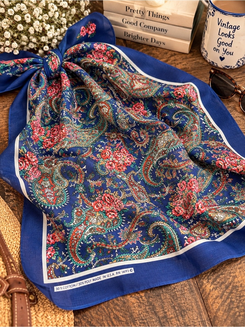 Vintage Wamcraft Navy Blue Floral Paisley Bandana Handkerchief Made in USA